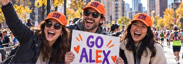 Friends in matching orange Team Alex caps cheering at the marathon